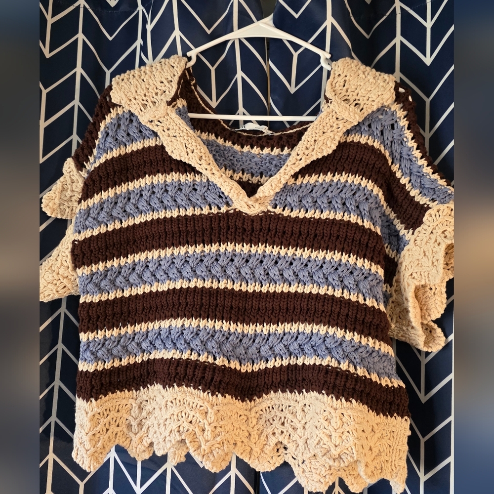 Zara Striped Crochet V-Neck Sweater in Blue, Brown & Cream